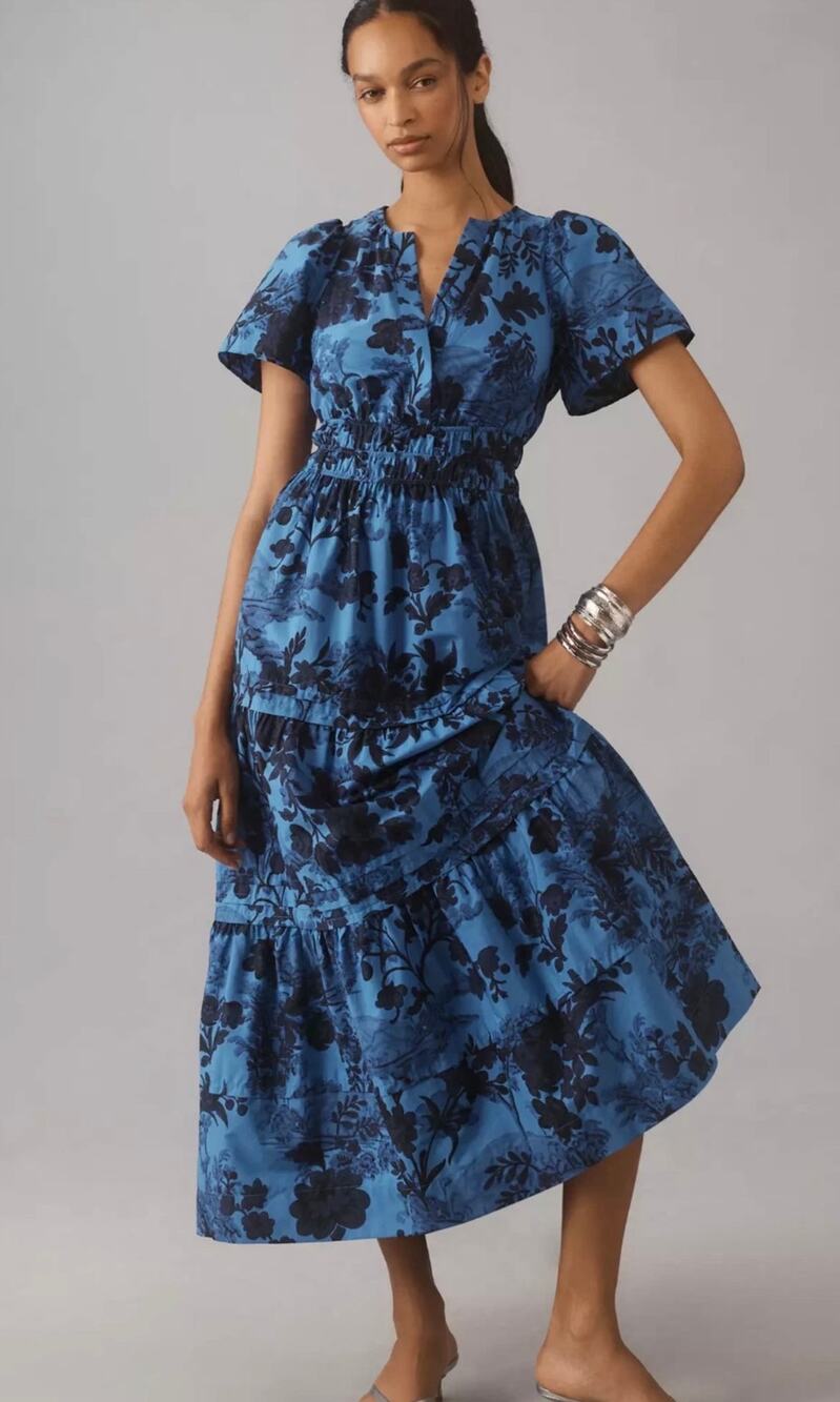 Anthropologie Somerset Maxi Dress Blue Floral Smocked Tiered Size Small